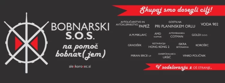 Grafična podoba projekta Bobnarski S.O.S., s sloganom in seznamom donatorjev.