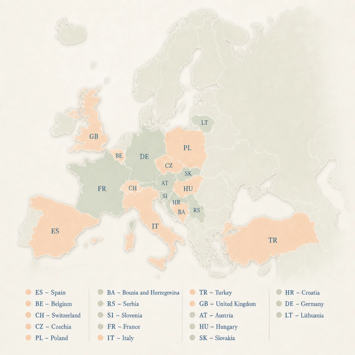 Map of Europe with visited countries