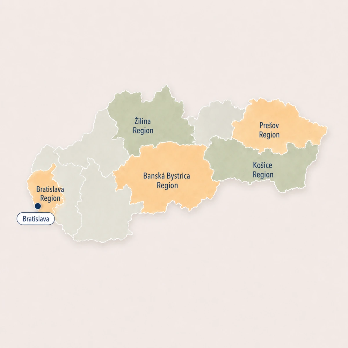 Map of Slovakia with marked regions
