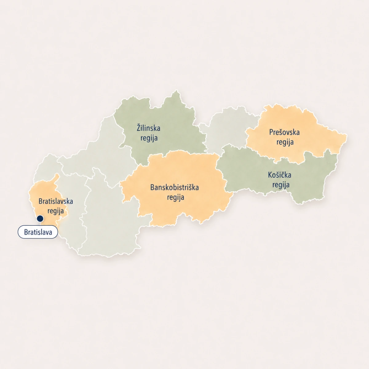 Zemljevid Slovaške z označenimi regijami